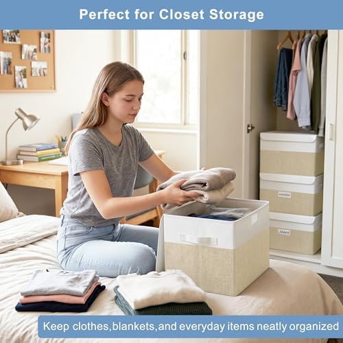 Bagnizer Large 22 Quart Linen Fabric Foldable Storage Bin Cube Organizer Basket with Flip-Top Lid & Handles, Clothes Blanket Box for Home, Office, Closet, Beige & White, 4 Pack 14.6 x 9.5 x 9.5” - Image 3
