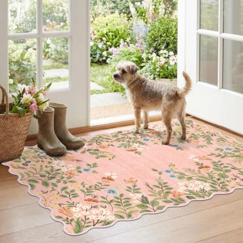 Front Door Mat Outside Entrance, 28"x43" Pink Floral Scalloped Rug by Othilic