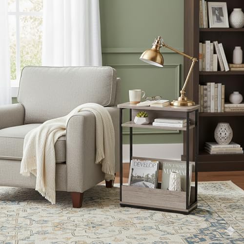 Narrow Side Table,3-Tier Slim End Table with Storage Shelf,Modern Sofa Table Thin Side Table for Narrow and Small Spaces, Skinny Bedside Table Small Nightstand with Magazine Rack Space Saving/Oak - Image 2