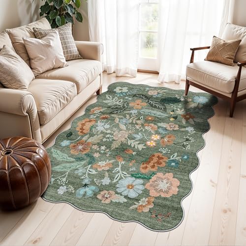 Washable 3x5 Entryway Area Rugs: Ultra Soft Low Pile Carpet for Kitchen Nursery Indoor Light-Weight Doormat Rug with Non-Slip Backing for Living Room Bedroom Small Boho Floor Mat(3x5, Floral/Green) - Image 2