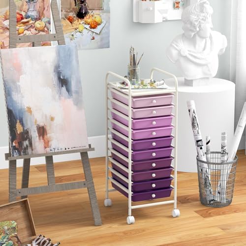 10-Drawer Rolling Storage Cart, Trolley w/Lockable 360° Wheels, 10 Removable PP Drawers, Sturdy Metal Frame, Rolling Utility Cart Perfect for Home, Office, Classroom (Gradient Purple) - Image 7