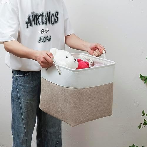 MidmmVick 13 x 13 Inch Cube Storage Bins, 4 Pack Large Collapsible Fabric Storage Bin with Ropes, Foldable Storage Cubes for Home, Office,Closet, Clothes, Toys Organizer (White & Beige) - Image 6