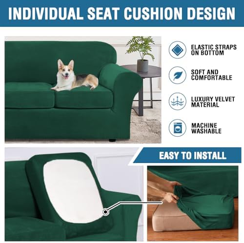 H.VERSAILTEX Real Velvet Plush 3 Piece Stretch Sofa Covers Couch Covers for 2 Cushion Couch Sofa Slipcovers Width Up to 90 Inch Feature Thick Soft Stay in Place (Large Sofa, Vintage Green) - Image 6