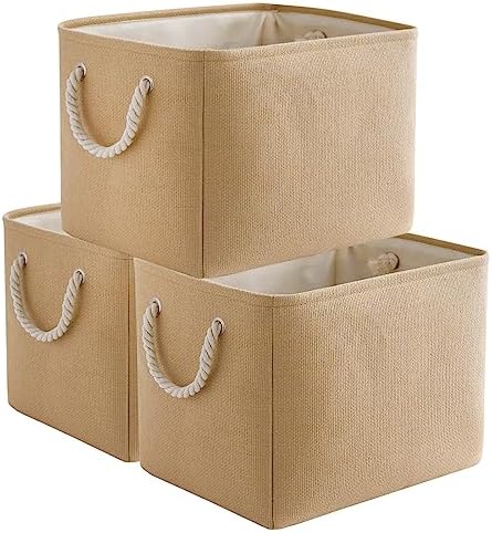 TheWarmHome Organization and Storage Basket for Organizing - 3 Pack 16x12x12 inch Cube Fabric Storage Cubes, Storage Bin for Shelves Gift Closet Organizer Cloth Toy (Beige) by TheWarmHome