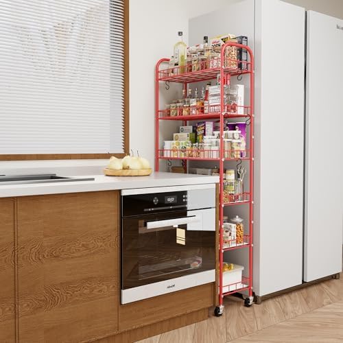 Slim Rolling Storage Cart, 6 Tier Metal Kitchen Rolling Utility Cart with Lockable Wheels for Kitchen, Bathroom, Laundry Room, Small Narrow Spaces (Red 10 Inches) - Image 2