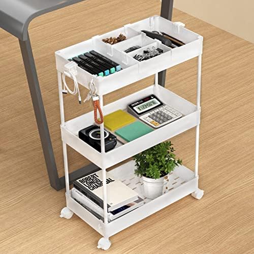 SPACELEAD 3 Tier Rolling Cart with Wheels, Storage Craft Art Trolley Organizer Serving, 3 Hanging Baskets Easy Assembly, for Office, Bathroom，Living Room, Kitchen, White - Image 6