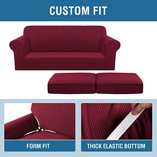 H.VERSAILTEX 3 Piece Stretch Sofa Covers for 2 Cushion Sofa Couch Covers for Living Room Furniture Cover (Base Cover Plus 2 Seat Cushion Covers) Thicker Jacquard Fabric(Large Sofa, Burgundy) - Image 4