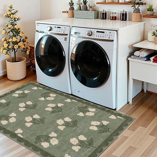 Floral Outdoor Rug - 28" x 43" Front Door Mat Indoor Outside Entrance Non-Slip Washable Outdoor Mat Sage Green Spring Scalloped Rug for Entryway Kitchen Bedroom Layered Doormat for Front Porch - Image 6