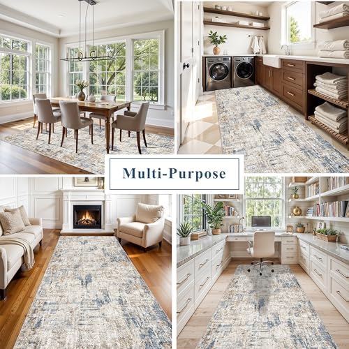 4x10 ft Extra Wide Hallway Rug – Non-Slip Washable Rubber-Backed Large Carpet Runner for Kitchen, Entryway | Modern Abstract, Low-Pile Thin Floor Mat for Bedroom Living Room Dining Room(Blue Brown) - Image 4