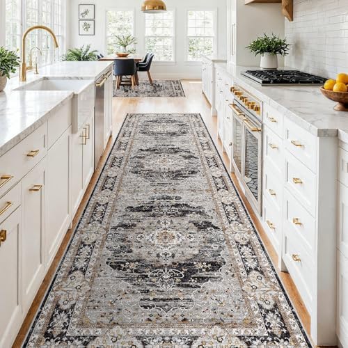 4x10 Washable Hallway Runner Rug - Non-Slip Vintage Kitchen Rugs Black Gray - Image 2