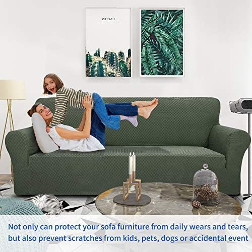 ZNSAYOTX 1 Piece Jacquard Couch Covers for 2 Cushion Couch High Stretch Loveseat Slipcover for Pets Dogs Anti Slip Love Seat Sofa Slipcover Furniture Protector (Loveseat, Army Green) - Image 2