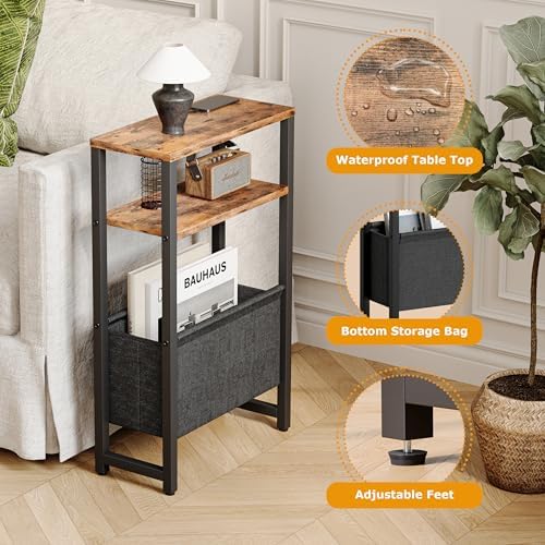 Narrow Side Table, Slim End Table with Magazine Rack, Skinny Bedside Table for Small Spaces, 3 Tier Sofa Couch Table Nightstand for Living Room, Bedroom, Rustic Brown LET503R - Image 4