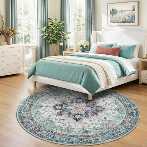 RELEANY Washable Area Rug, Round 7ft, Teal Green/White/Navy - Image 2