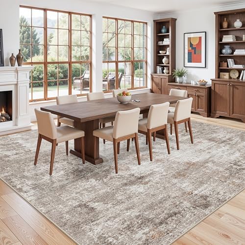 12x12ft Square Living Room Rug – Non-Slip Washable Extra Large Floor Carpet for Bedroom, Dining Room, Playroom Room – Modern Abstract Neutral Thin Low-Pile Big Indoor Rug (Beige Grey) - Image 3