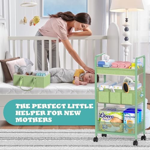 LIDTOP 2in1 Baby Diaper Caddy Organizer Cart, 3-Tier Rolling Cart, Metal Diaper Caddy Carts, Bedside Carts for Nursery Essentials Storage, Detachable Dividers, Large Capacity, Green - Image 4