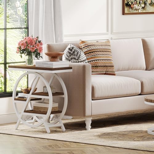 Tribesigns End Table for Living Room, 3-Tier Narrow Side Table with Storage, Wood Sofa Side Table with Geometric Metal Frame, Industrial Nightstand and Bedside Table for Bedroom (Light Brown+White) - Image 4