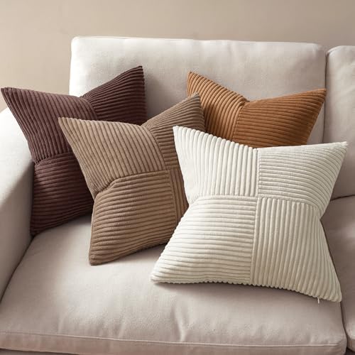 MIULEE Brown Throw Pillow Covers 18x18 Inch Set of 4 Boho Farmhouse Cushion Cases Neutral Gradient Corduroy Pillow Cases with Invisible Zipper Patchwork Home Decor for Couch Sofa Bed - Image 3
