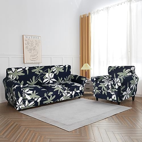 SearchI Stretch Sofa Cover Printed Couch Covers, Floral Pattern 2 Piece Armchair Slipcover with Separate Chair Cushion Cover, Washable Furniture Protector for Living Room(Chair, Navy Blue) - Image 6