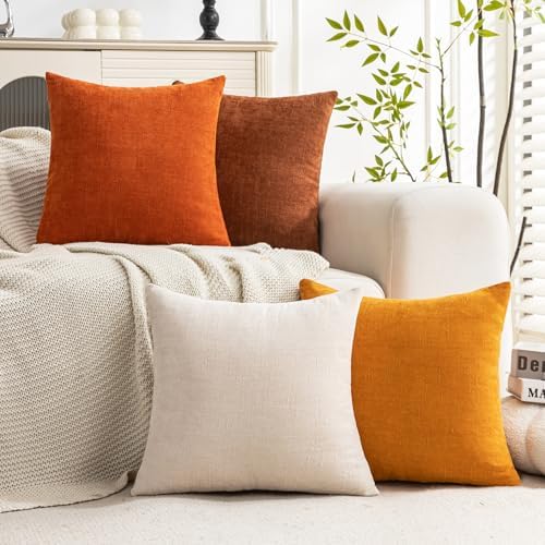 Set of 4 Soft Textured Decorative Throw Pillow Covers 24x24 Inch Cozy Farmhouse Cushion Cover Square Accent Pillow Cases for Bed Couch Sofa Living Room, Beige Rust Orange - Image 2