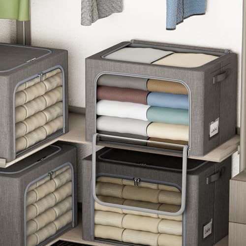 4 Pack Clothes Storage Bins with Metal Frame - 66L Stackable Storage Box with Lid，Foldable Storage Container Organizer for Clothes，Linen Fabric Storage Box with Clear Window＆Zippers＆Handles - Image 6