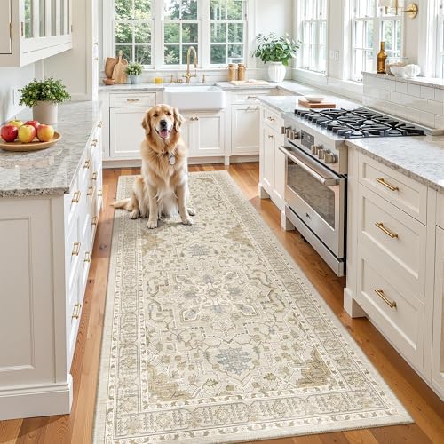 Madane Hallway Runner 3x8, Kitchen Rugs Washable Entry Rug, Beige/Blue by Madane