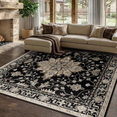 RELEANY Washable Area Rug, Square 8'x8', Black/Neutral - Image 2