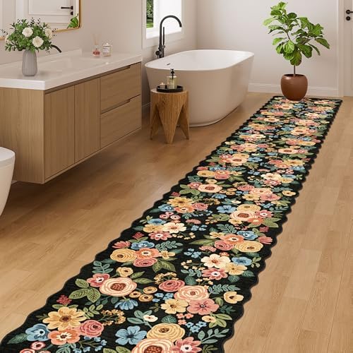 DUKINO 2x14 Hallway Runner Rug, Floral Washable Kitchen Rug, Black - Image 3