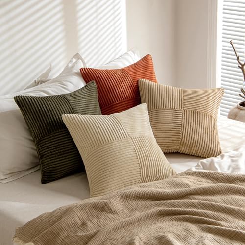 MIULEE Rust-Olive Green Decorative Throw Pillow Covers 18x18 Inch Set of 4 Boho Color-Clash Cushion Cases Farmhouse Pillow Cases Corduroy Striped Home Decor for Couch Sofa Living Room Bed - Image 4