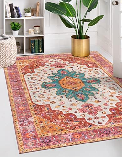 Moynesa Ultra-Thin Washable Vintage Area Rug - 5x7 Large Bedroom Boho Non-Slip Non-Shedding Living Room Mat Oriental Medallion Floor Carpet for Kids Nursery Room Office, Pink/Teal/Multi by Moynesa