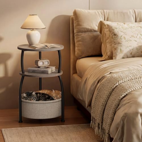 Round Side Table with Storage Basket, End Table Living Room, Greige - Image 5
