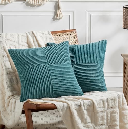 Fancy Homi 2 Packs Teal Big Decorative Throw Pillow Covers 24x24 Inch for Living Room Couch Bed, Rustic Farmhouse Boho Home Decor, Soft Corss Corduroy Patchwork Accent Square Cushion Case 60x60 cm by Fancy+Homi