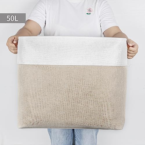 Bagnizer Large Fabric Storage Baskets | 50L Storage Bins, Decorative Linen Closet Baskets with Handles for Organizing, Shelf, Toys, Clothes, Home, Office, Nursery, 17x12x15Inches (Beige&White) - Image 6