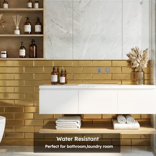 Diflart Peel and Stick Mirror Backsplash, Gold, 4x12 Inch, Beveled Mirror Subway Kitchen Bar Wall Tile (5 Sq.ft, 15 Pcs) - Image 2