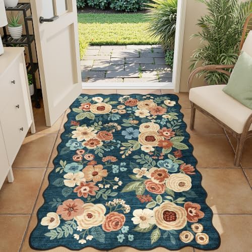 DUKINO 3x5 Area Rugs Non Slip Floral Washable Rug for Bedroom Prussian Blue by DUKINO