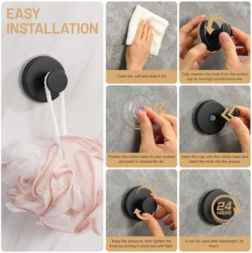 Large Suction Cup Hooks, Heavy Duty 15lb Holds Towel & Robe, No-Drill Shower Bathroom Hooks for Tile Wall Glass Mirror, Mounts on Smooth Non-Porous Surfaces (2 Pack, Matte Black) - Image 6