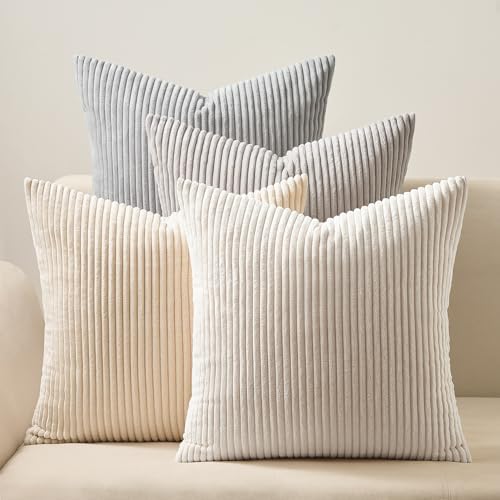 Topfinel 4 Packs Neutral Decorative Throw Pillows Covers 26x26 Inch for Living Room Couch Bed Sofa, Rustic Farmhouse Boho Neutral Home Decor, Soft Plush Striped Corduroy Square Cushion Case 65x65 cm by Topfinel