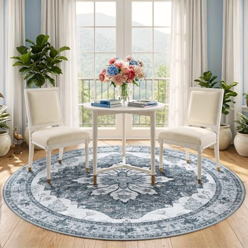 RELEANY Washable Area Rug, Round 5ft, Grey/White/Beige - Image 3