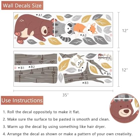 Yovkky Kids Height Chart Wall Decals Stickers, Woodland Animals Tree | Toddler Baby Growth Measurement Nursery Decor, Forest Bear Raccoon Fox Owl Leaves Home Decorations Bedroom Playroom Art - Image 2