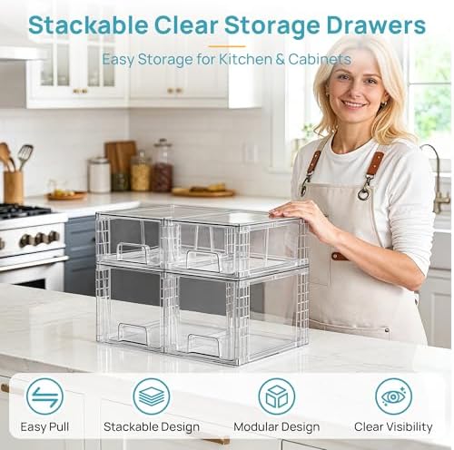 Vtopmart Clear Stackable Storage Drawers, 4 Pack Kitchen Cabinet Set - Image 3