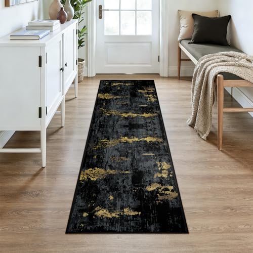 RELEANY Washable Runner 2'x7' Abstract Area Rug for Hallway Black Gold - Image 2