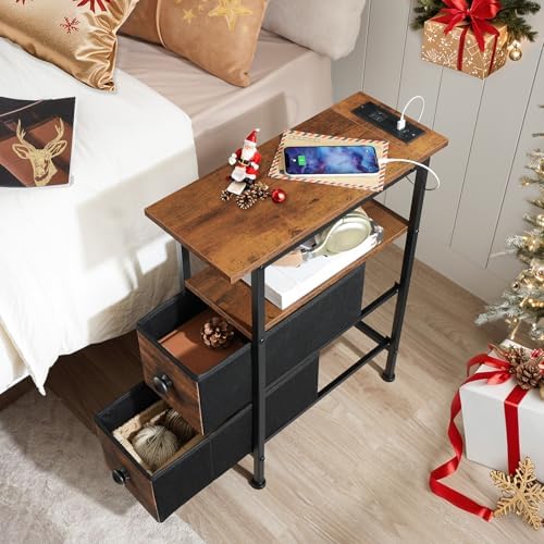 HOOBRO End Table with Charging Station, Narrow Side Table with 2 Fabric Drawers, Skinny Nightstand with Storage, Slim Bedside Table for Living Room, Small Spaces, Rustic Brown and Black BF487UBZ01 - Image 2