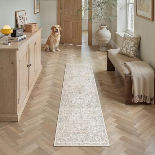 2x5 Washable Runner Rug Beige Grey Non Slip Vintage Carpet by WondRg