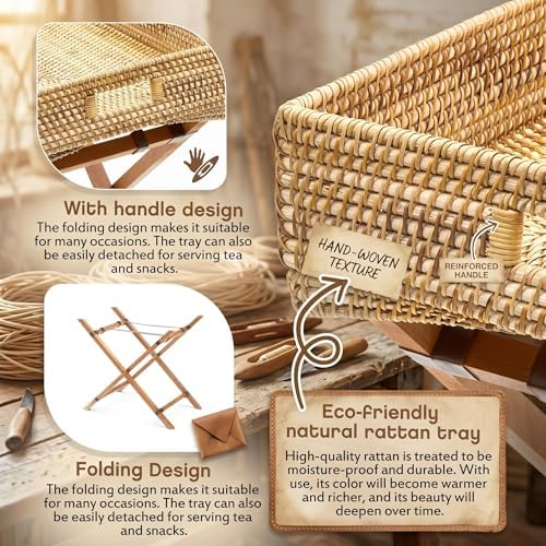 BreezeHug Rattan Side Table with Removable Tray, Foldable TV Tray Table for Couch, Small Space Snack Tables for Living Room, Balcony & Bedroom, Lightweight Wooden Stand - Image 4