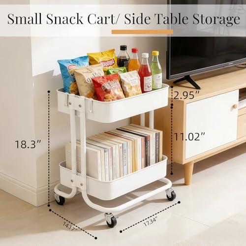 2 Tier Under Desk Storage Cart with Wheels Heavy Duty Metal Short Rolling Pantry Storage Cart for Small Space, Utility Trolley for Kitchen Bathroom Laundry Cute Snack Craft Organizer, White - Image 5