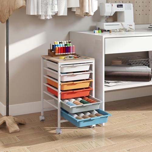 Giantex Rolling Storage Cart with 6 Drawers, Utility Cart w/Wooden Tabletop, Lockable Wheels, Multipurpose Organizer for Art Craft Scrapbooks Paper, Drawer Carts for Dorm Classroom Office, Macaron - Image 7