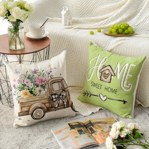 AVOIN colorlife Bless Our Home Eucalyptus Leaves Throw Pillow Covers, 20 x 20 Inch Spring Summer Truck Cushion Case for Home Sofa Couch Set of 4 - Image 3