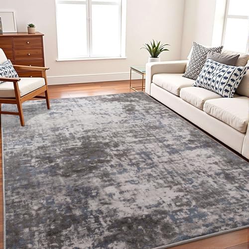 8x10 Area Rug for Living Room, Modern Abstract Rug for Bedroom, Indoor Non Slip Soft Washable Large Carpet, Stain Resistant, Low Pile Carpets for Dining Room Home Office Decor, Dark Grey Blue by Enqinar