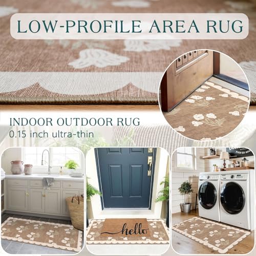 Front Door Mat Indoor Entrance, 2x4.3 Tan Boho Floral Farmhouse Rug - Image 5