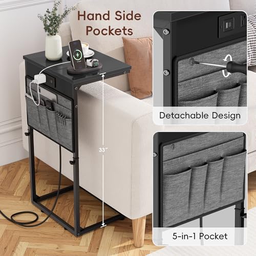 Vagusicc C Shaped End Table with Charging Station, Tall C Table End Table Adjustable Height Side Table for Couch, Small Couch Table Slide Under Sofa Table TV Tray Table for Living Room, Bedroom, Black - Image 6