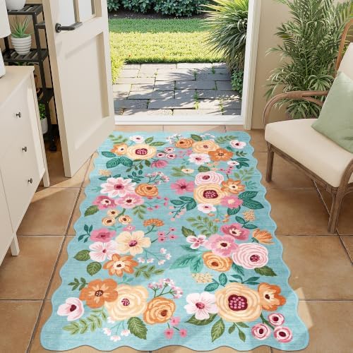 DUKINO 3x5 Area Rugs, Non Slip Floral Washable Rug for Bedroom, Teal by DUKINO